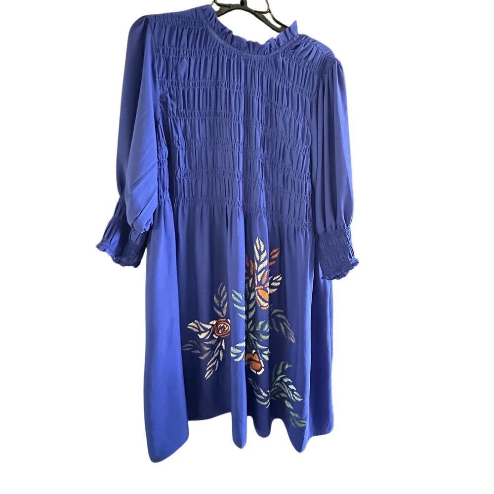 Ranna Gill Mini Dress V-Nect Tie Front Floral Embroidered Blue Size Large
